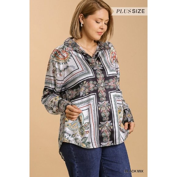 Umgee Plus Black Mix Satin Print High Low Scoop Hem Long Sleeve No Lining Top - Picture 4 of 5